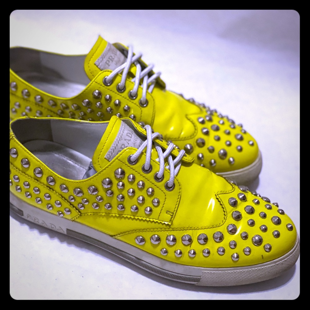PRADA Neon Yellow Studded Sneakers